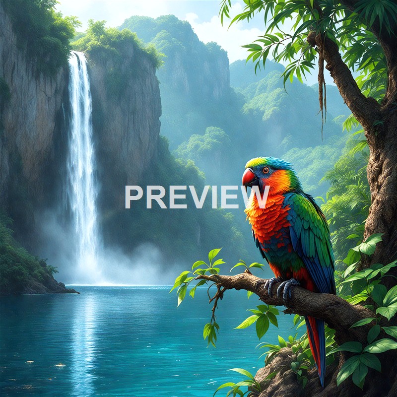 A vibrant rainbow-colored parrot perched on a tree branch in a lush green rainforest with a waterfall and misty mountains in the background.